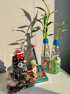 two bottles with plants in them sitting on a table