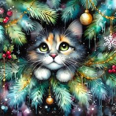 a painting of a cat surrounded by christmas decorations