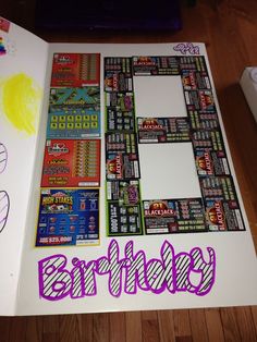 an open birthday card with the word happy on it