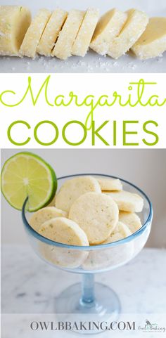 margarita cookies in a glass bowl with limes on the side and text overlay