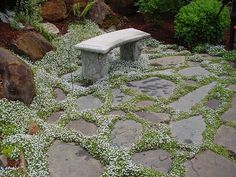 a stone bench sitting in the middle of a garden