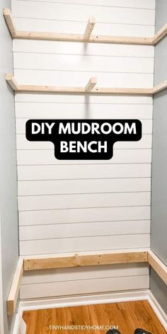 Wood Supports for bench and shelving in front of shiplap mudroom wall. The text over the image reads, "DIY mudroom bench". Tidy Wardrobe, Small Mudroom, Small Mudroom Ideas, Mudroom Remodel, Diy Entryway Bench, Shoe Bench Entryway, Mudroom Makeover