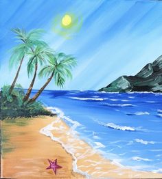 a painting of a beach with palm trees and a starfish in the foreground