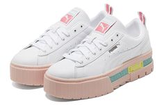 (WMNS) PUMA Mayze Pop 'White Pink' 381889-01 (SNKR/Retro/Skate/Low Top/Women's/Thick Sole) Trendy White Sneakers With Rubber Waffle Outsoles, White Skate Shoes With Gum Sole For Spring, White Skate Shoes With Rubber Sole For Spring, Low Top, Womens Tops, Sneakers, Pink, White