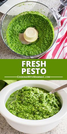 fresh pesto in a bowl with a wooden spoon on the side and an overhead view of it