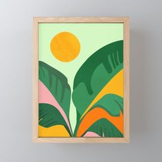 an abstract painting with palm leaves and a sun in the background on a white wall