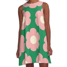 Loose-fit, mid-length sleeveless dress with silky handfeel. Printed on both sides. Machine washable. Size range XS-2XL. Tivoli Flowers Retro Floral Pattern Green Pink Cream. Cute and cheerful with a contemporary vintage 60s 70s 80s aesthetic. Striking and bold but sweet and pretty, in bright spring green and blush tones. By Kierkegaard Design Studio. Green A-line Sundress With Floral Print, Green Floral Print A-line Sundress, Green Floral Print Knee-length Sleeveless Dress, 70s 80s Aesthetic, Retro Floral Pattern, Contemporary Vintage, 80s Aesthetic, Blush Tones, Bright Spring