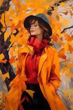 a painting of a woman in an orange coat and hat standing next to a tree