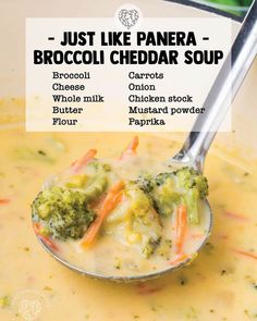 broccoli cheddar soup in a spoon with the words just like panera and broccoli cheddar soup