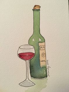 Wine Bottles Drawing, Drawing Wine Glasses, Watercolor Wine Painting, Wine Watercolor Painting, Watercolor Art Wine, Simple Watercolor Ideas, Wine Glass Watercolor, Wine Sketch, Watercolour Aesthetic