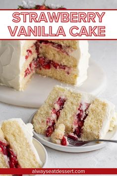 strawberry vanilla cake on a white plate with a slice cut out and the rest of the cake in the background