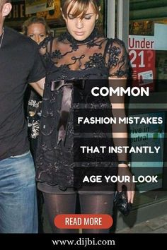 a man standing next to a woman on the street with text overlay that reads, common fashion misstakes that instantity age your look