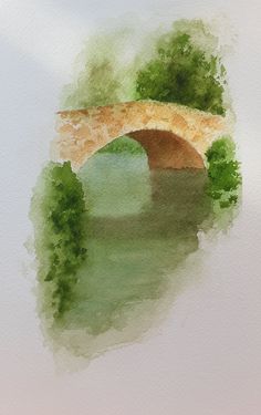 watercolor painting of a bridge over a body of water with trees in the background