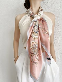 Multicolor Casual   Polyester Chain Print Bandana Embellished   Women Accessories Scarf Aesthetic, Female Accessories, Spring Fashions, Silk Scarfs, Chain Scarf, Silk Neck Scarf, Outfit Styling, Ways To Wear A Scarf, Satin Scarf