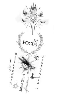 a tattoo design with the word focus written in black ink on a white sheet of paper