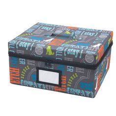 an image of a large storage box with wheels and words on the front in multicolored pattern