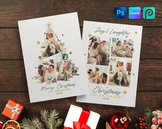 two christmas cards sitting on top of a wooden table next to presents and other holiday decorations