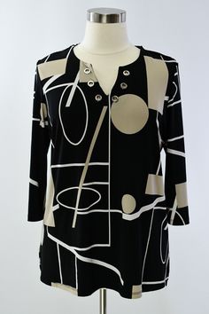 "Add a touch of vintage to your wardrobe with this 90s Joseph Ribkoff tunic top. The eye-catching geometric pattern and textured material make it a versatile piece for any occasion. Its XL size and regular fit ensure a comfortable and flattering look. Crafted from durable polyester, this original piece was made in Canada and features a unique style with grommet detailing on the V neck & a split straight hem that is sure to make a statement. Perfect for women's vintage clothing enthusiasts, this top is a must-have addition to any collection. Don't miss out on the opportunity to own a piece of fashion history! Chest: 44\" Shoulder: 16\" Length: 29\"" Patterned Abstract Print V-neck Top, Joseph Ribkoff, 90s Vintage, Tunic Top, Fashion History, Vintage Clothing, Vintage Ladies, Womens Clothing Tops, Blouses For Women