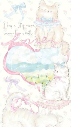 two cats and a dog are sitting next to each other on a white background with pink ribbon