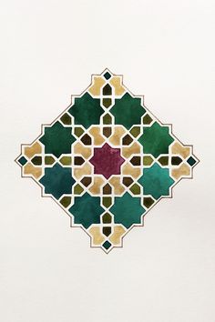 an abstract design made up of squares and dots in green, red, yellow and brown