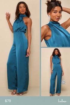 We can assure you that your night will be filled with compliments when you arrive in the Lulus Stunning Promise Teal Green Satin Asymmetrical Wide-Leg Jumpsuit! Feel effortlessly chic in this sleek woven satin jumpsuit that features a trendy mock neckline and a blousy, asymmetrical bodice with intricate gathering. The high, fitted waist sits atop trendy wide pant legs that finish at full-length hems. Top button closure secures atop a keyhole-style cutout at the back. Hidden back zipper/clasp. Fi Elegant One Shoulder Jumpsuit For Going Out, Elegant One-shoulder Jumpsuit For Going Out, Chic Satin Jumpsuits And Rompers In Solid Color, Chic Solid Color Satin Jumpsuits And Rompers, Sleeveless Satin Jumpsuit Or Romper, Sleeveless Satin Jumpsuits And Rompers, Party Jumpsuit With Asymmetrical Neckline, Solid Satin Jumpsuits And Rompers For Night Out, Sleeveless Solid Color Satin Jumpsuits And Rompers