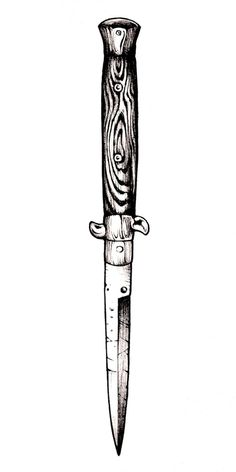 a black and white drawing of a knife with a long blade on it's end