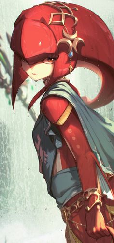 an anime character with red hair and glasses on her head, standing in front of a waterfall