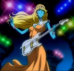 a woman with long blonde hair holding a guitar in her right hand and wearing a yellow dress