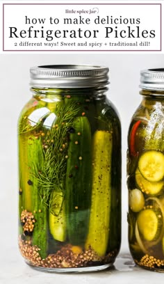 two jars filled with pickles and cucumbers on top of a white surface