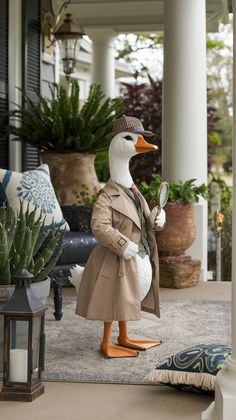 a duck dressed in a trench coat holding a magnifying glass while standing on a porch