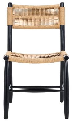 a black and brown chair with wicker on it's back legs, against a white background