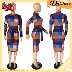 Plaid Print Long Sleeve Split Sashes Knee Length Dress Multicolor Belted Knee-length Dress, Belted Multicolor Dresses For Fall, Fitted Multicolor Midi Dress With Tie Waist, Vintage Grid, Mock Neck Bodycon Dress, Winter Vintage, Neck Bodycon Dress, Plaid Print, Knee Length Dress