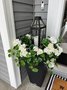 a black planter with white flowers on the front porch