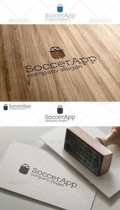 the logo for soccer app is made with wood and has a rubber stamp on it