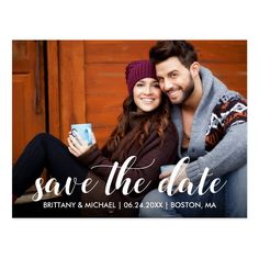 save the date card with a couple holding each other