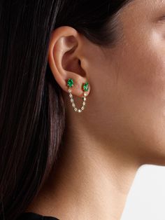 Anita Ko's single 'Loop' earring is meant for those with multiple piercings on one ear - the dainty, diamond-encrusted chain connects the individual studs together and drapes beautifully past the lobe. It's made from 18-karat gold and set with pear-shaped emeralds. Luxury Ear Cuff With Matching Earrings As Gift, Luxury Green Single Earring Jewelry, Green Luxury Single Earring Jewelry, Formal Pierced Fine Jewelry Ear Cuff, Formal Fine Jewelry Pierced Ear Cuff, Luxury Green Single Earring, Luxury Gift Ear Cuff, Gold Cuff Earrings, Anita Ko Jewelry