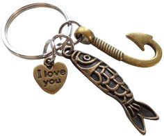 a metal key chain with a fish and i love you heart charm on the end