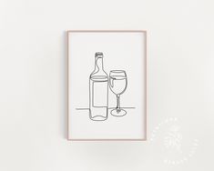 a black and white drawing of a wine bottle next to a glass on a table