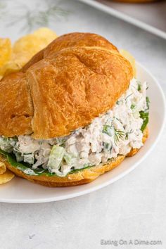 a chicken salad sandwich on a croissant bun with potato chips in the background