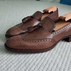 Prada Was Purchased From Bloomingdale 3 Years Ago For About $950 With Tax On Sale. Full Price Was $1250. Worn This On 2 Occasions Mainly Indoor After Walking Outdoor From Car To Carpeted Indoor Functions. Even Though 9 Printed On Shoes, I Wear 9.5 And It's Loose On Me. So It Should Fit Between 9.5 And 10 Perfectly. Maybe It's The Nature Of Loafers Which This Is My Only Pair So I Am Not Sure If It's Supposed To Be Loose. I Threw Out The Box, Will Be Shipped Shoes Only Without The Wooden Shaper In Brown Leather Loafers, Reddish Brown, Prada Shoes, Leather Loafers, On Shoes, Loafer Shoes, Brown Leather, Oxford, Prada