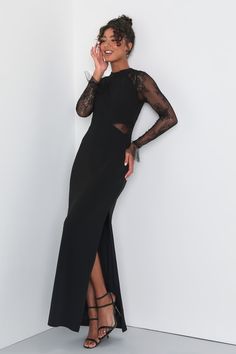 Have a chic moment in the Lulus Bragging Rights Black Lace Long Sleeve Column Maxi Dress! Stretchy crepe knit shapes this gorgeous dress that has a darted bodice with a flirty open-back cutout, a mock neckline (with button-loop closures), and sheer lace long sleeves with flounce cuffs. The fitted waist is accented with sheer lace panels at each side, that sit atop a figure-skimming, column maxi skirt. A sultry side seam slit completes the stunning look! Hidden back zipper/clasp. Fit: This garmen Lace Long Sleeve, Lace Sleeves, Sheer Lace, Black Lace, Maxi Skirt, Maxi Dress, Lace, Long Sleeve, Dresses