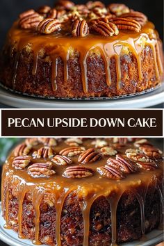 pecan upside down cake with caramel drizzle and pecans on top