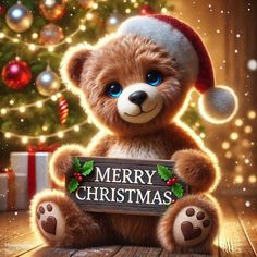 a teddy bear holding a merry christmas sign in front of a christmas tree with lights