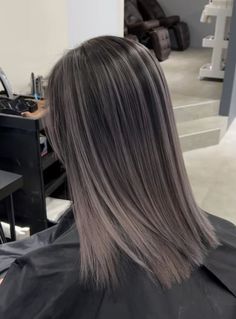 Black And Mushroom Balayage, Ash And Black Hair, Dresses New Year, Mini Foil Highlights, Light Gray Hair Color, Ash Gray Highlights On Dark Hair, Ash Balayage Hair, Milk Tea Hair Color Balayage, Ash Highlights Brown Hair