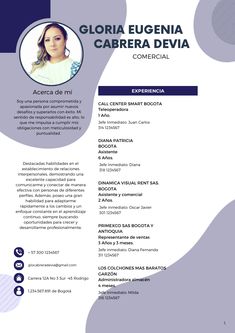 a professional resume is shown in purple and blue colors, with an image of a woman's face on it