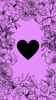 a heart surrounded by flowers on a purple background with black outline in the center,