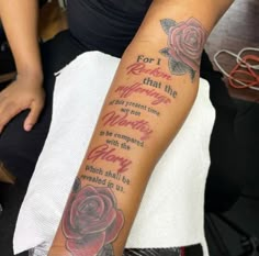 a woman with a tattoo on her arm that reads for i know that the roses are not blooming