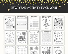 the new year activity pack for kids is shown with gold confetti and sparkles