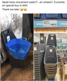 two pictures with different types of toilets and one has a blue bucket in it that says, need more convenient water? on wheels?