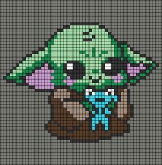 an image of the child yoda from star wars pixellated on a gray background